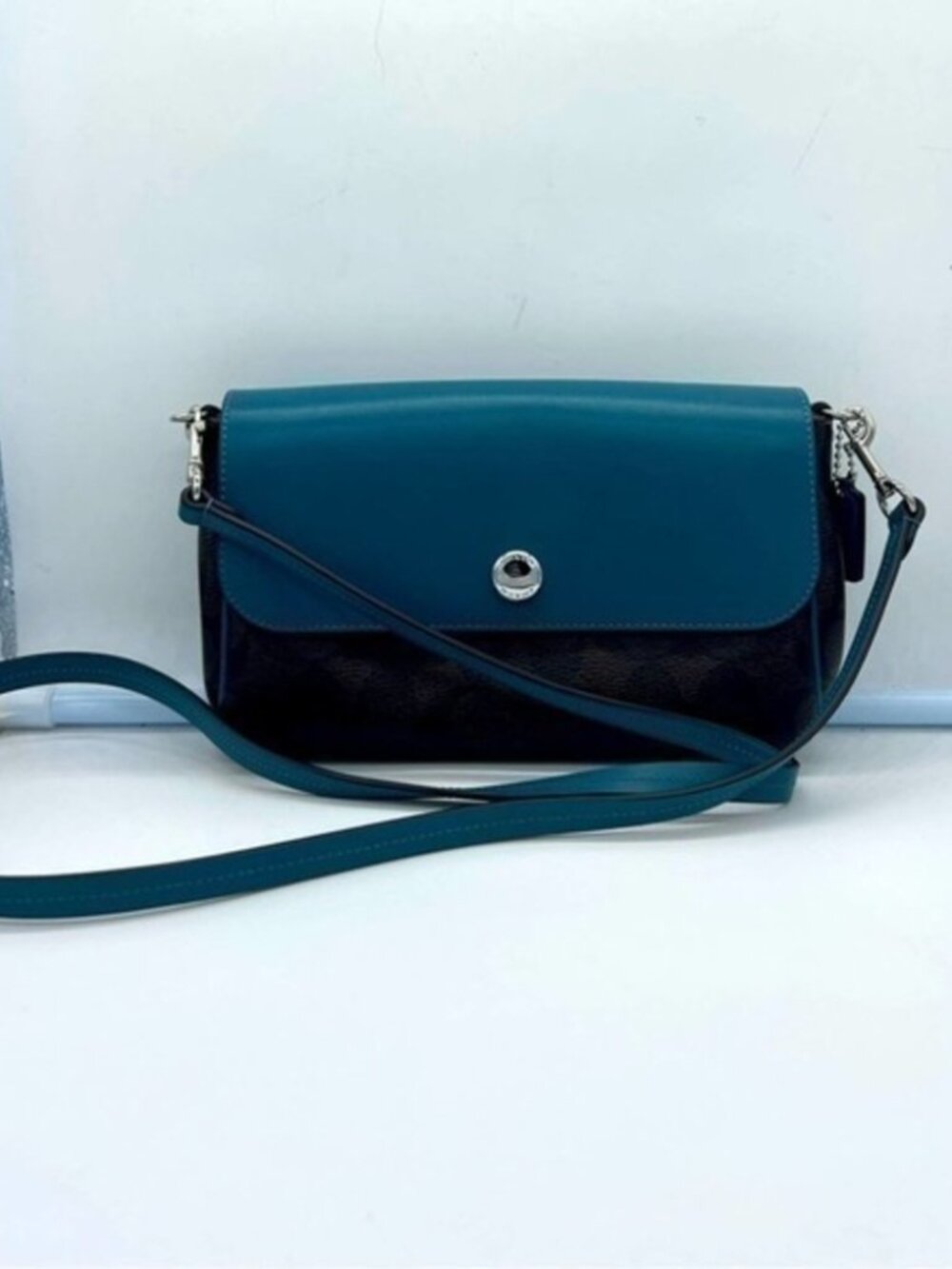 Coach Reversible Crossbody Bag Teal Brown Signature Canvas